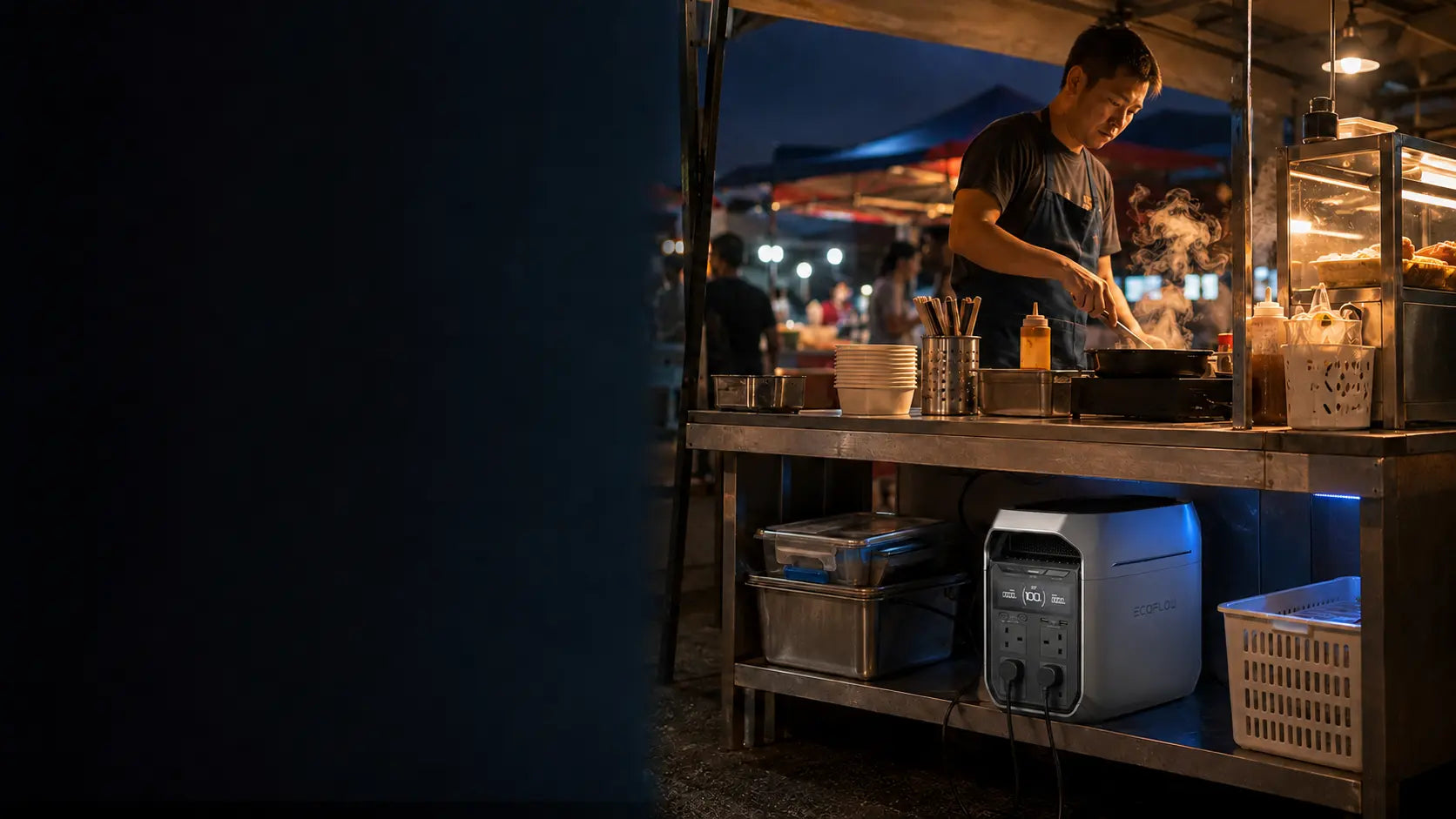 EcoFlow DELTA 3 powering task lights and cooking equipment at a Malaysian night-market stall