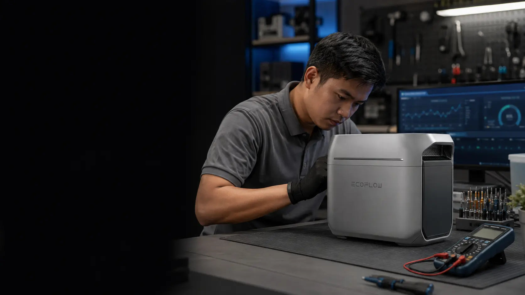 Technician diagnosing an EcoFlow power station at a clean electronics service bench